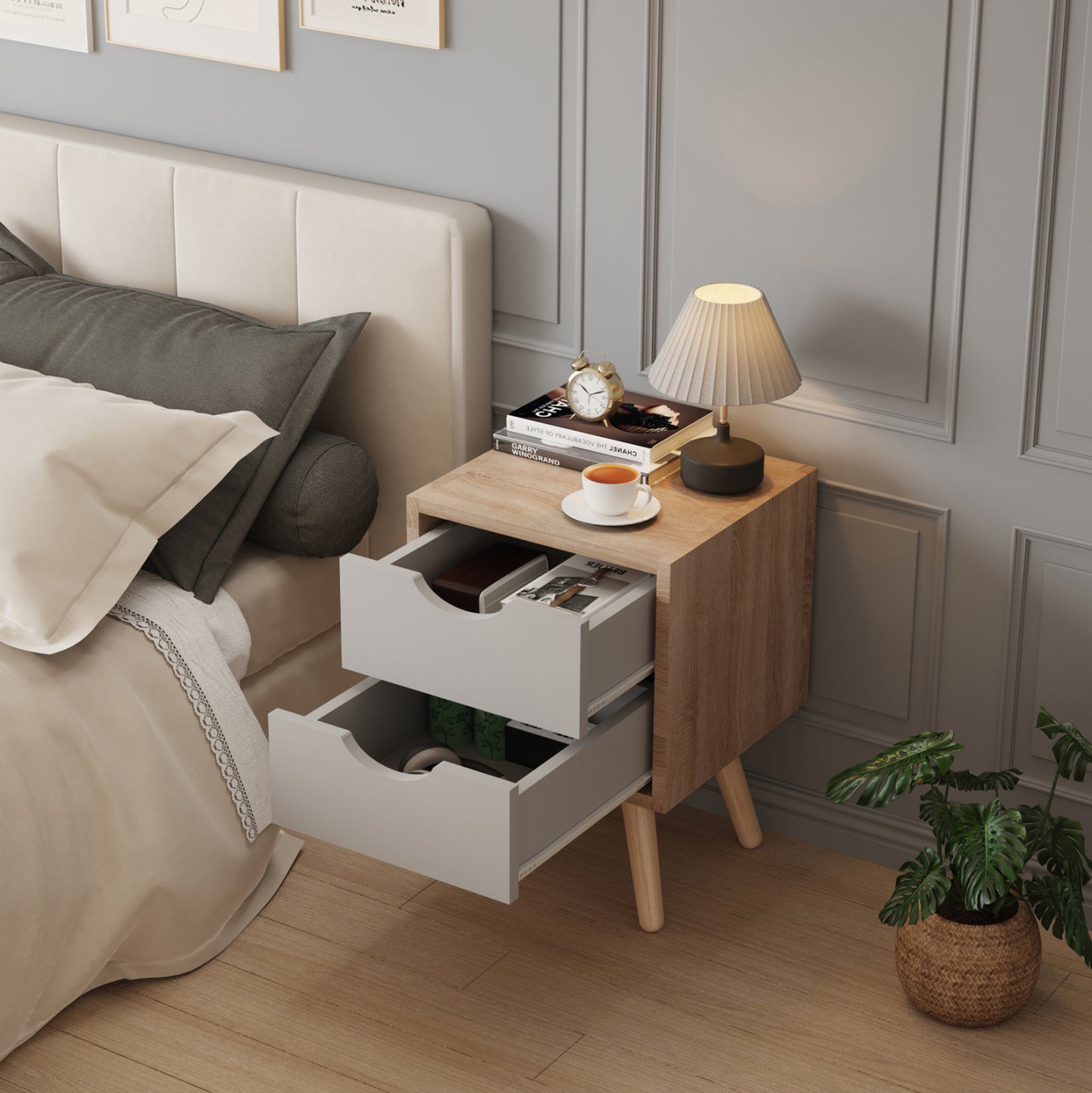 Bedside Stand Dinkl Hm2472.05 Melamine-2 Drawers In Sonama-grey 29,7x29,7x45hcm.