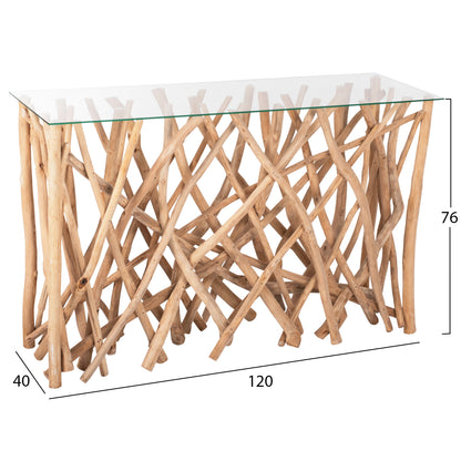 Console In Rustic Style Solid Teak Branches Natural Color & Glass 120x35x75hcm.hm9373