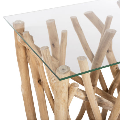 Console In Rustic Style Solid Teak Branches Natural Color & Glass 120x35x75hcm.hm9373