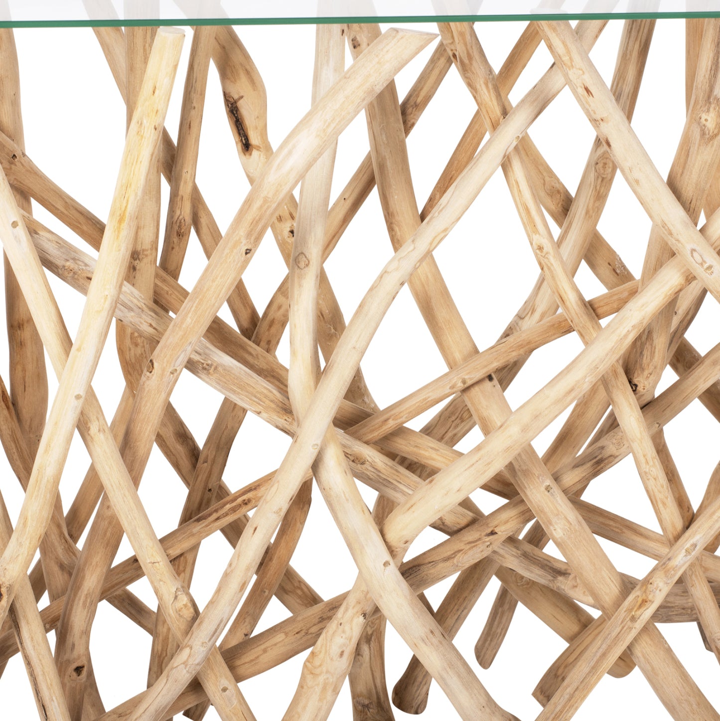 Console In Rustic Style Solid Teak Branches Natural Color & Glass 120x35x75hcm.hm9373