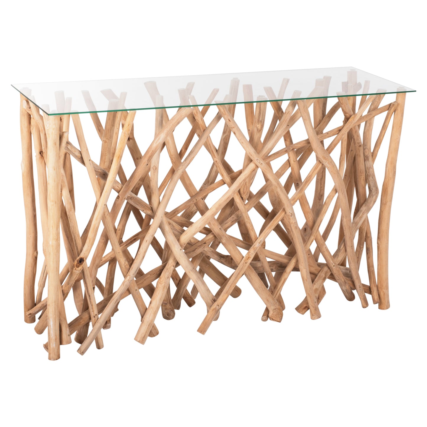Console In Rustic Style Solid Teak Branches Natural Color & Glass 120x35x75hcm.hm9373
