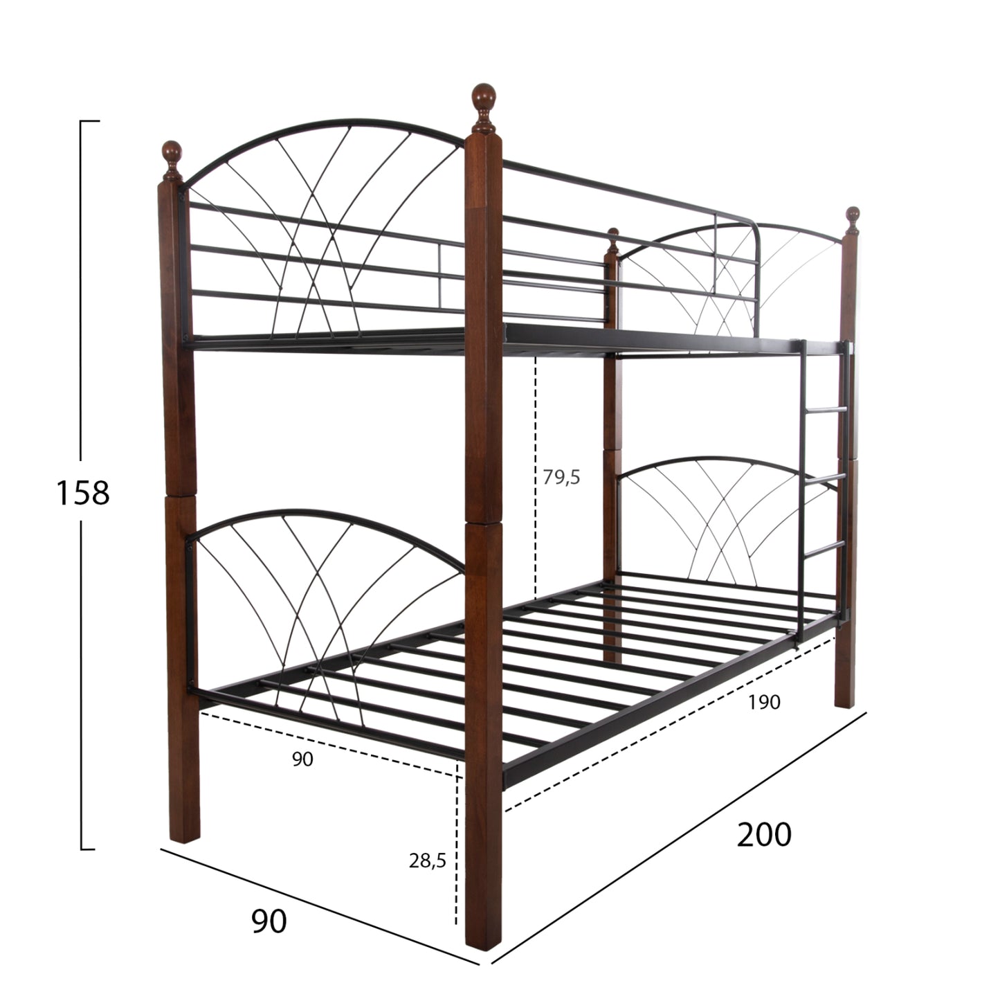 Bunk Bed Storey Hm687 Black Metal-rubberwood In Walnut-for Mattress 190x90cm.