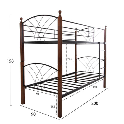 Bunk Bed Storey Hm687 Black Metal-rubberwood In Walnut-for Mattress 190x90cm.