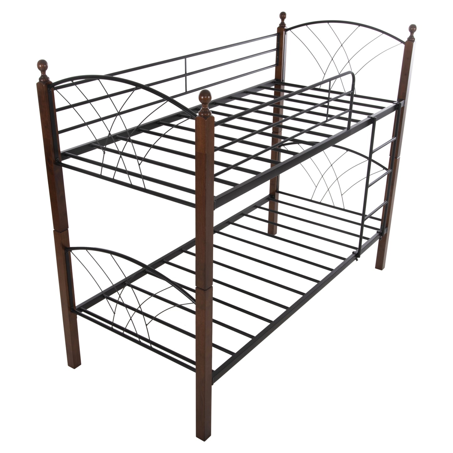 Bunk Bed Storey Hm687 Black Metal-rubberwood In Walnut-for Mattress 190x90cm.