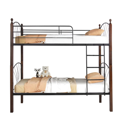 Bunk Bed Storey Hm687 Black Metal-rubberwood In Walnut-for Mattress 190x90cm.