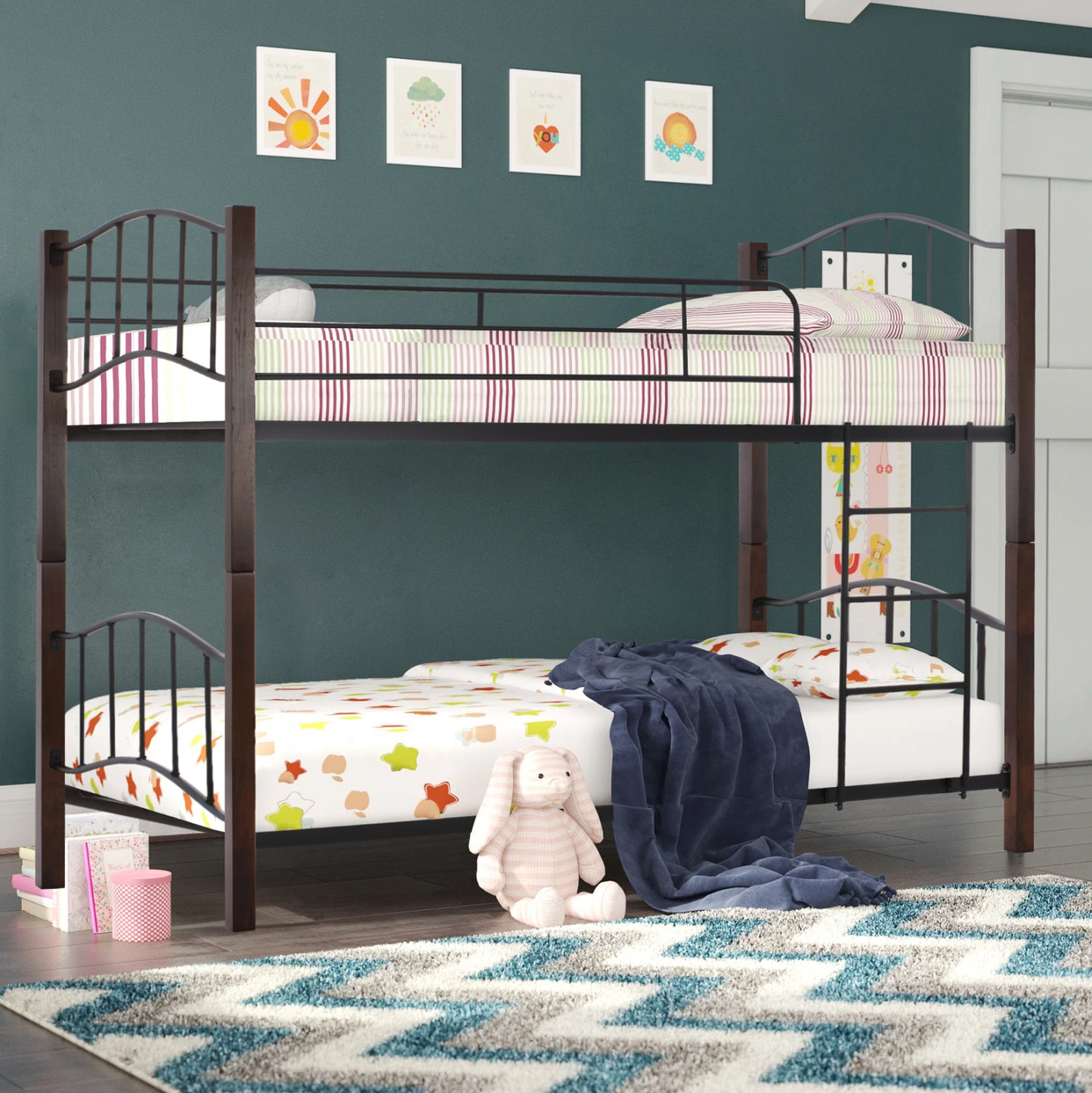 Bunk-bed Black Metal-walnut Color Wood Hm645 90x190cm
