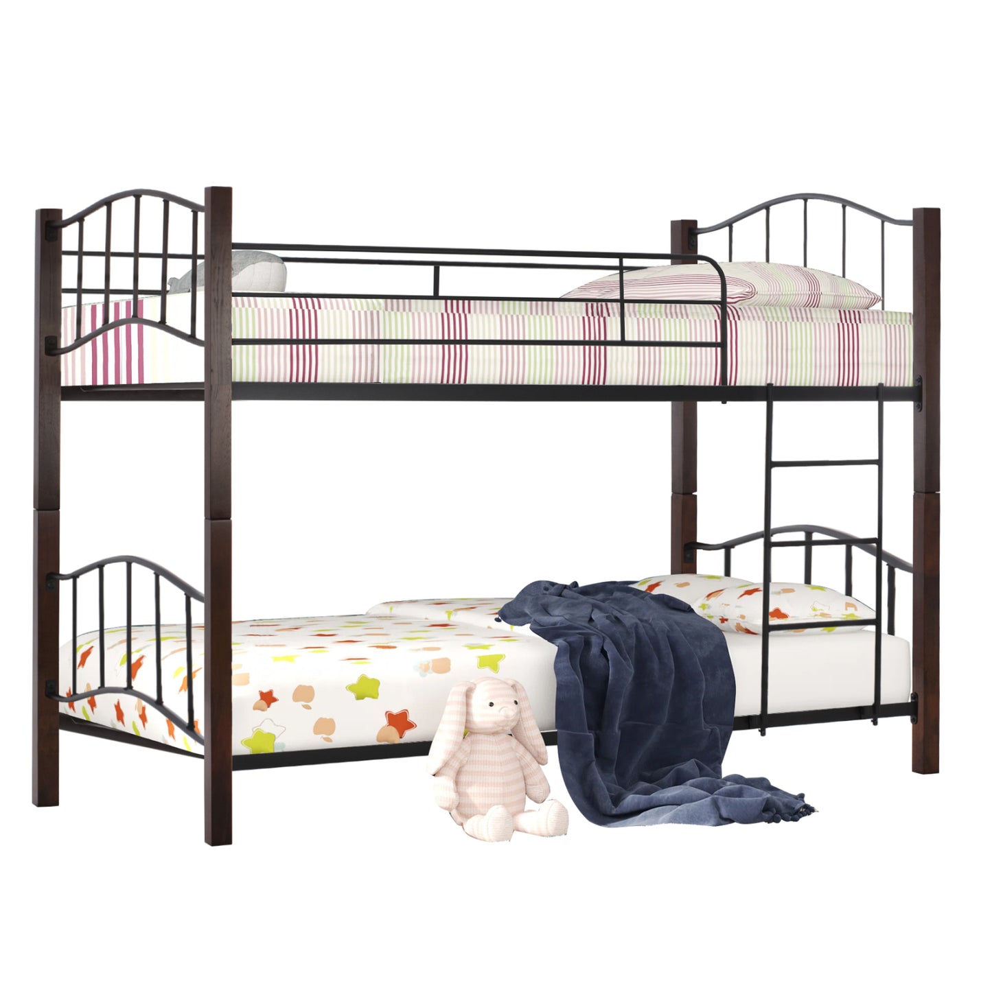 Bunk-bed Black Metal-walnut Color Wood Hm645 90x190cm