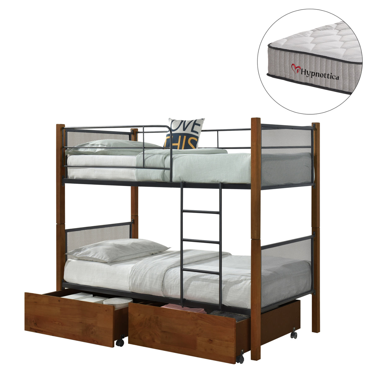 Bunk Bed With Drawers & Mattresses Rayven ΗΜ10968.01 Walnut Color-metal--for 90x190cm.