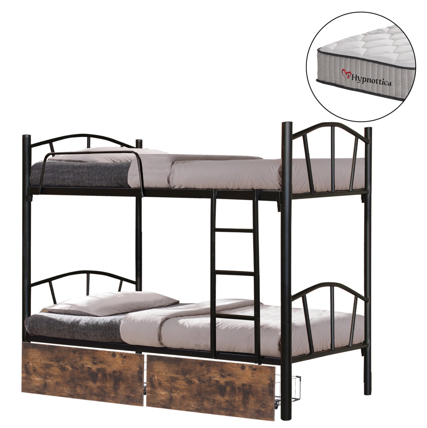 Bunk Bed With Brown Drawers & Mattresses Floor Hm10749.03 Metal In Black--for 90x190cm