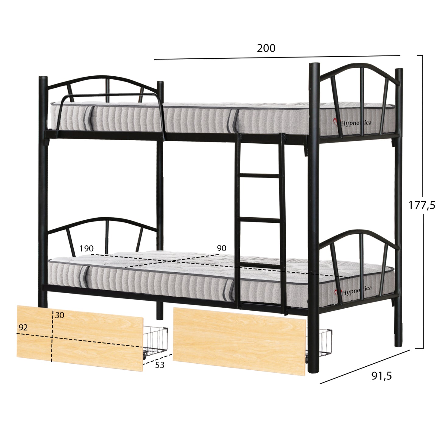 Bunk Bed With Sonama Drawers & Mattresses Floor Hm10749.04 Metal In Black--for 90x190cm