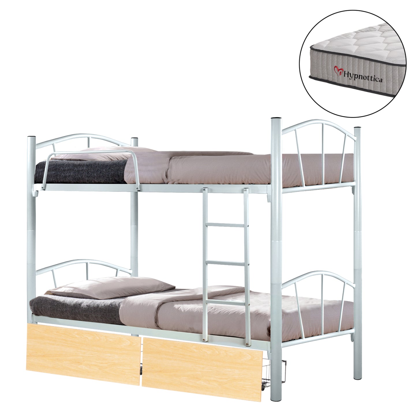 Bunk Bed With Sonama Drawers & Mattresses Floor Hm10749.02 Metal In White--for 90x190cm