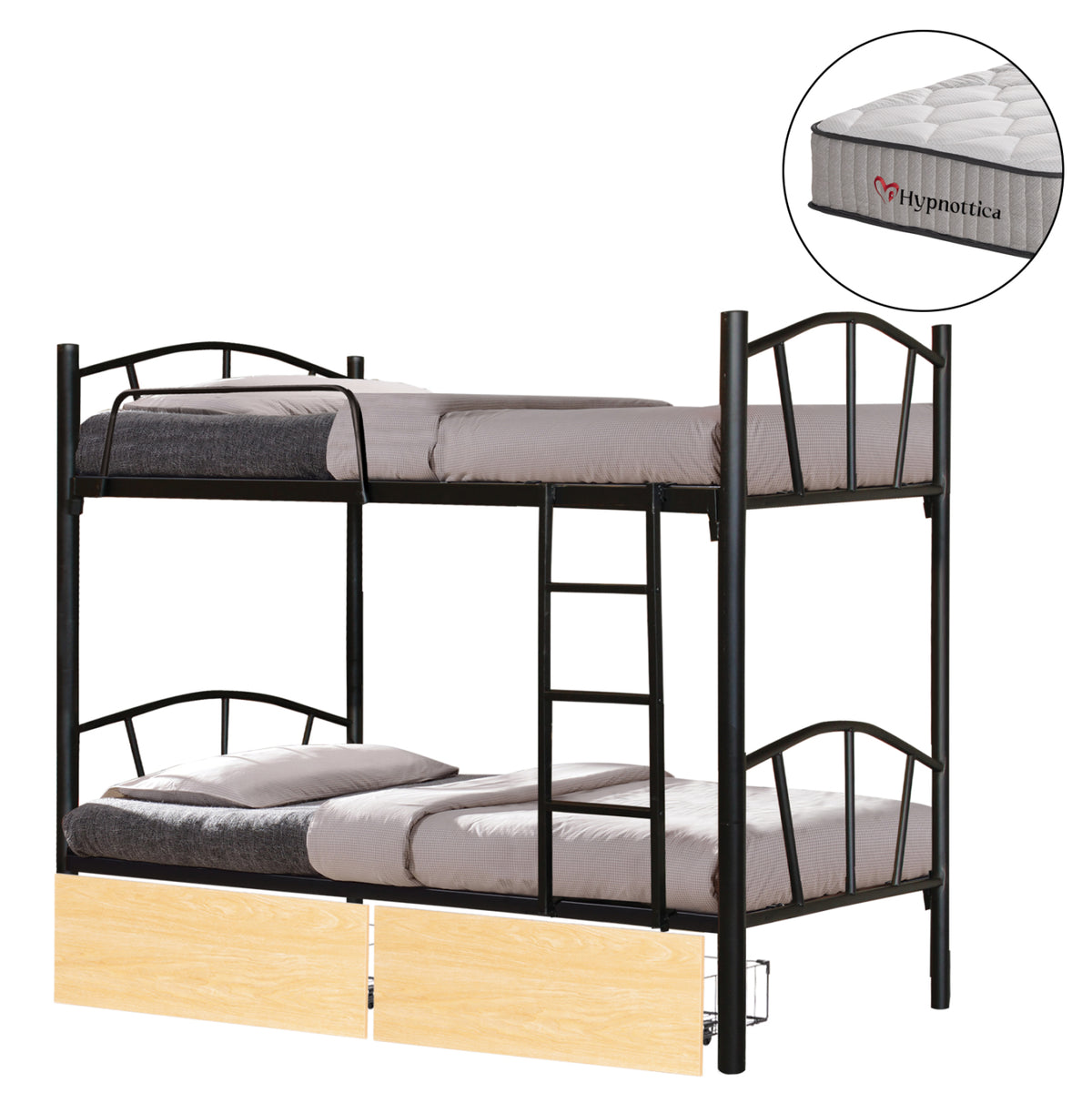 Bunk Bed With Sonama Drawers & Mattresses Floor Hm10749.04 Metal In Black--for 90x190cm