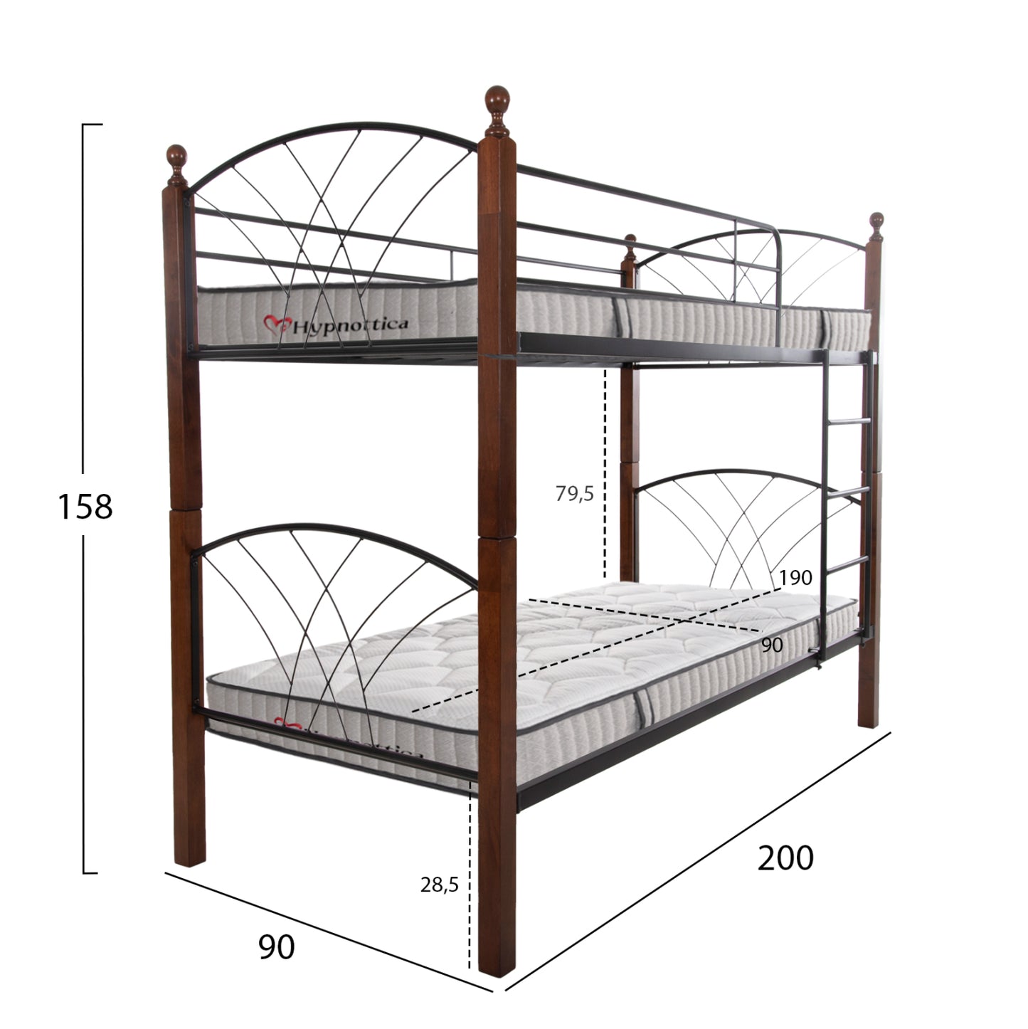 Bunk Bed With Mattresses Storey Hm10749.10 Metal & Rubberwood In Walnut--for Mattresses 90x190cm.