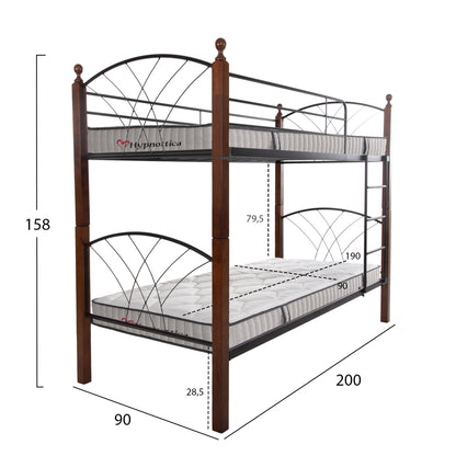 Bunk Bed With Mattresses Storey Hm10749.10 Metal & Rubberwood In Walnut--for Mattresses 90x190cm.