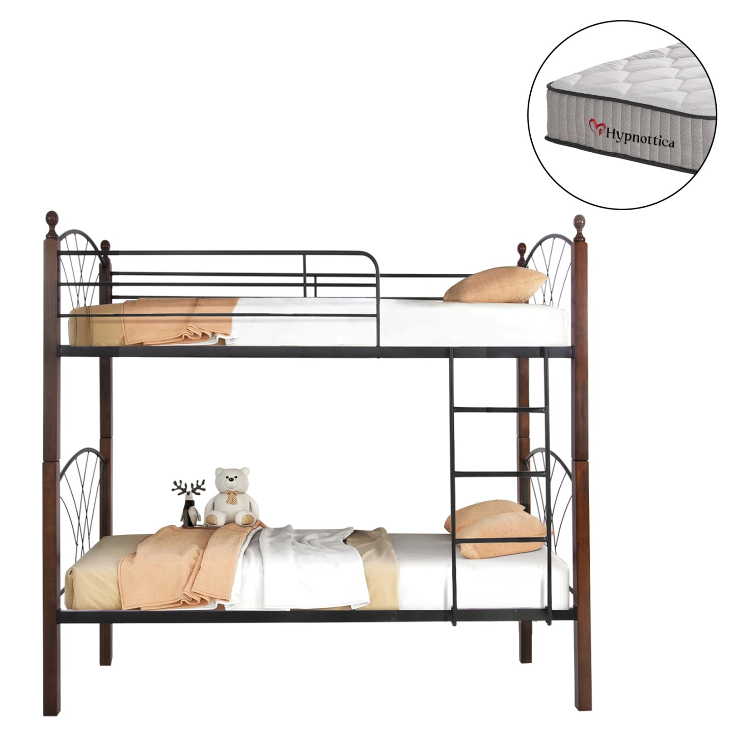 Bunk Bed With Mattresses Storey Hm10749.10 Metal & Rubberwood In Walnut--for Mattresses 90x190cm.