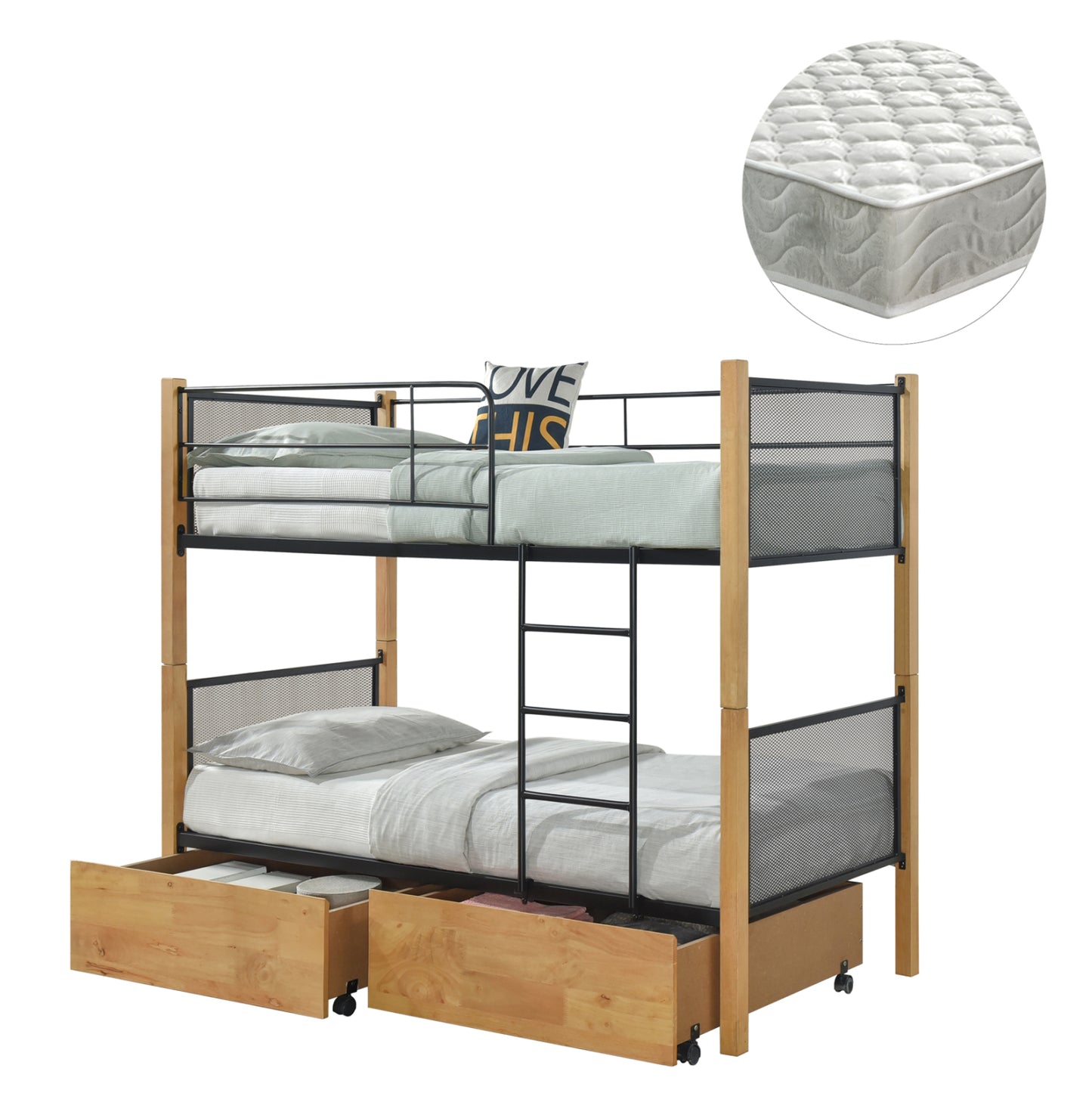 Bunk Bed With Floor Drawers & Mattresses Rayven Hm21336.02 Wood Beech Color-metal--for 90x190cm.