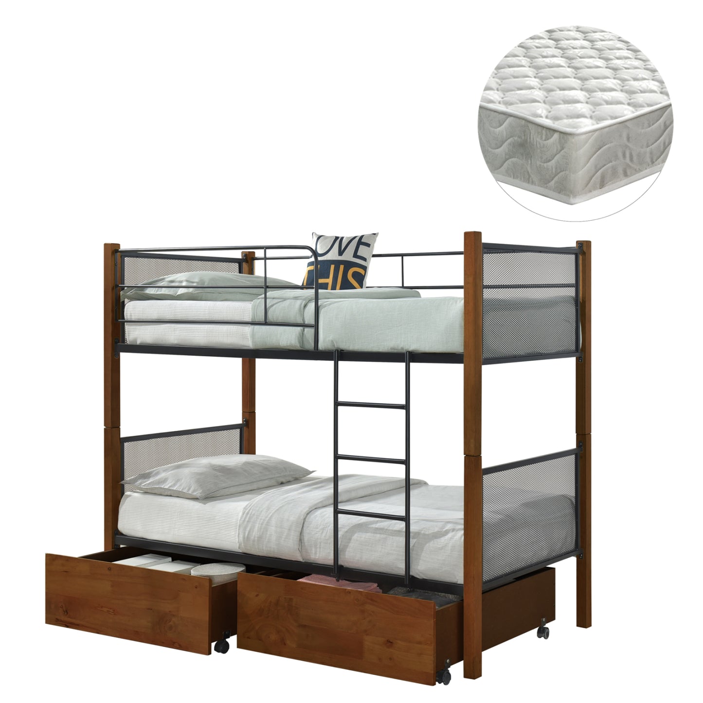 Bunk Bed With Floor Drawers & Mattresses Rayven Hm21336 Wood In Walnut-metal--for 90x190cm.