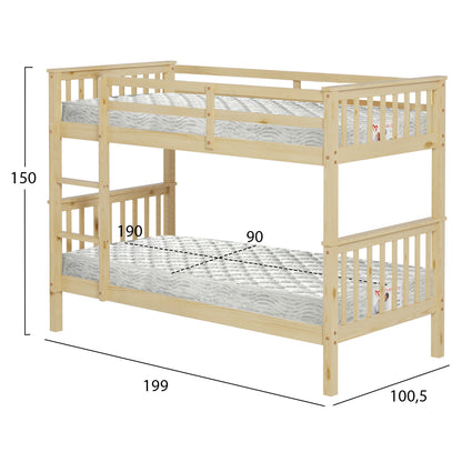 Bunk Bed With 2 Mattresses Lantai Hm21307 Pine Wood In Natural Color--for Mattresses 90x190cm