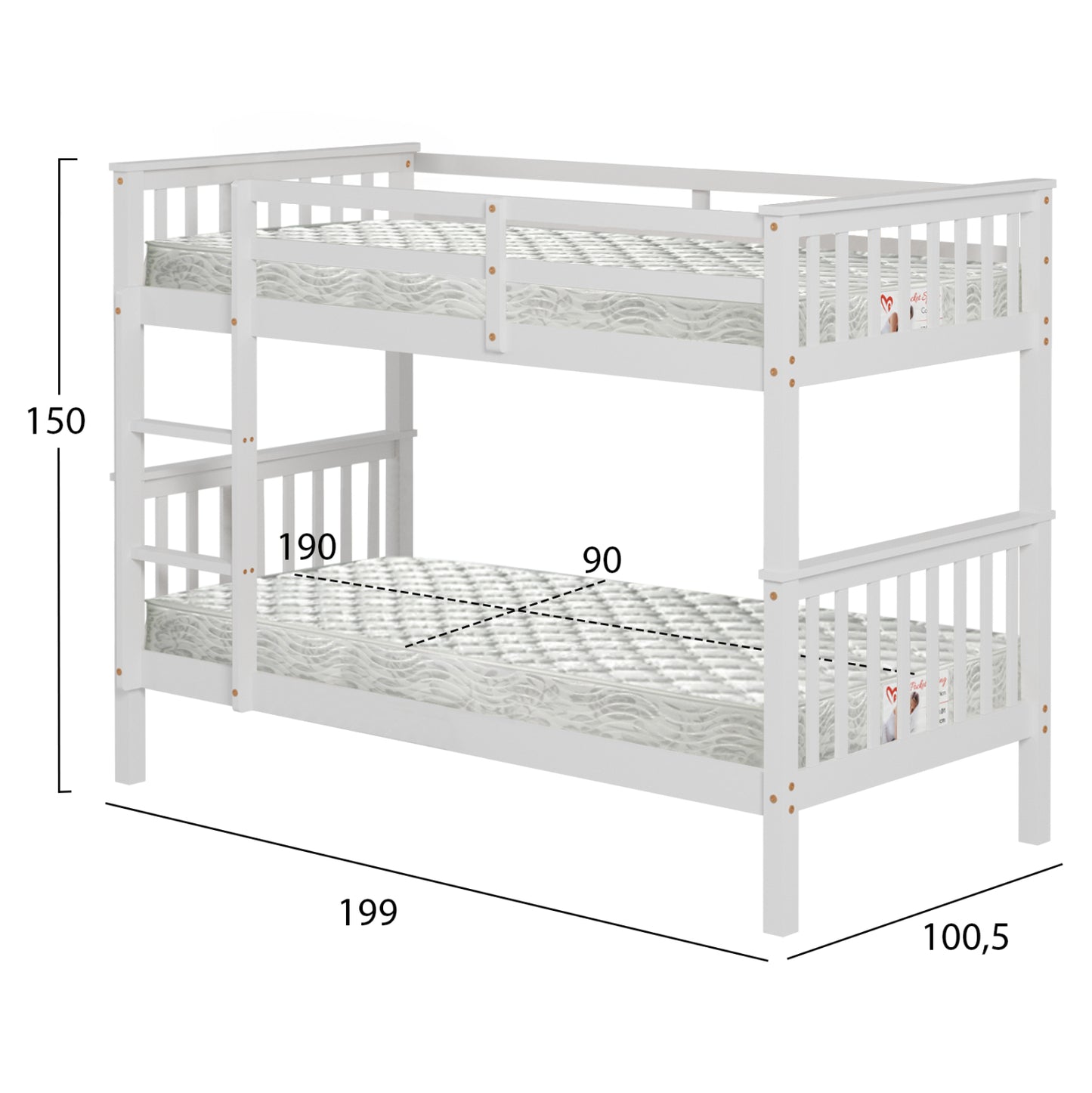 Bunk Bed With 2 Mattresses Lantai Hm21307.01 Pine Wood In White--for Mattresses 90x190cm