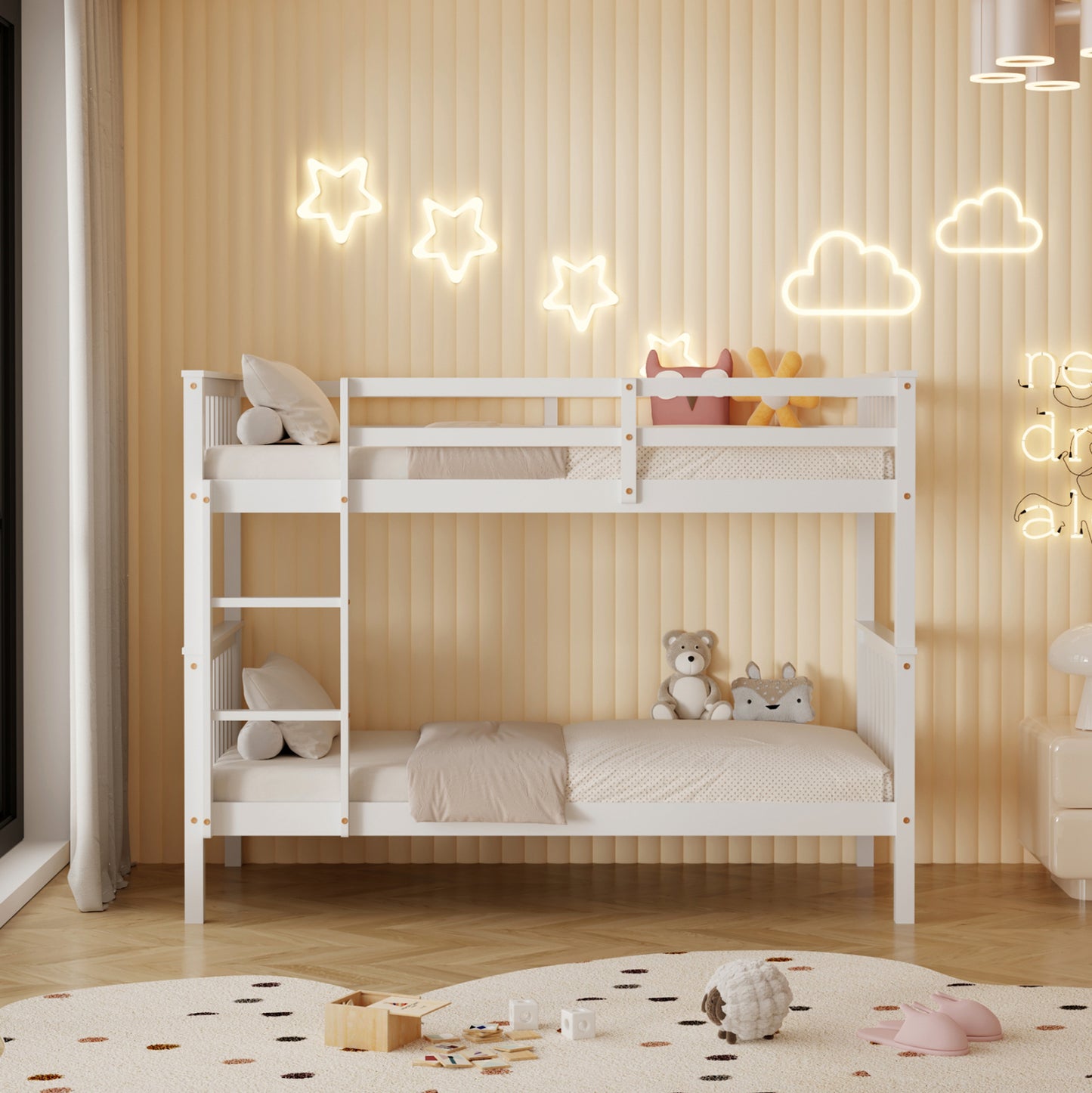 Bunk Bed With 2 Mattresses Lantai Hm21307.01 Pine Wood In White--for Mattresses 90x190cm