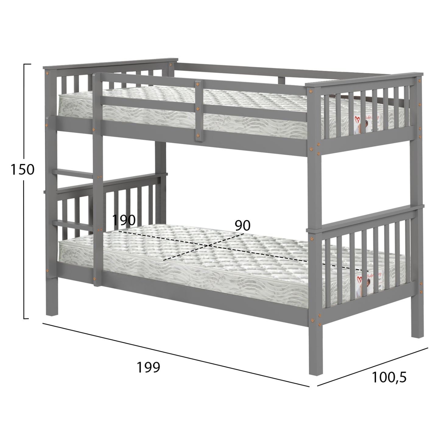 Bunk Bed With 2 Mattresses Lantai Hm21307.02 Pine Wood In Grey--for Mattresses 90x190cm