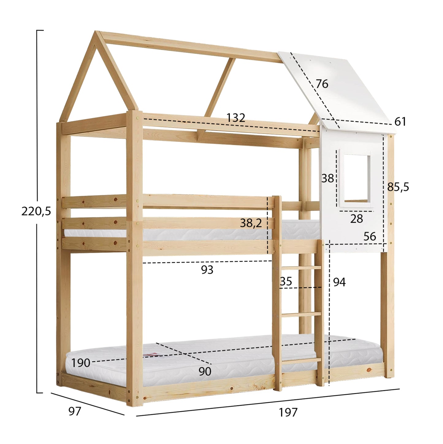 Bunk Bed With 2 Mattresses Hood Hm21314 Pine Wood In Natural Color--for Mattresses 90x190cm
