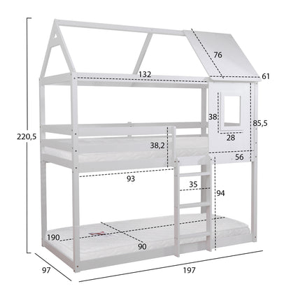 Bunk Bed With 2 Mattresses Hood Hm21314.01 Pine Wood In White--for Mattresses 90x190cm