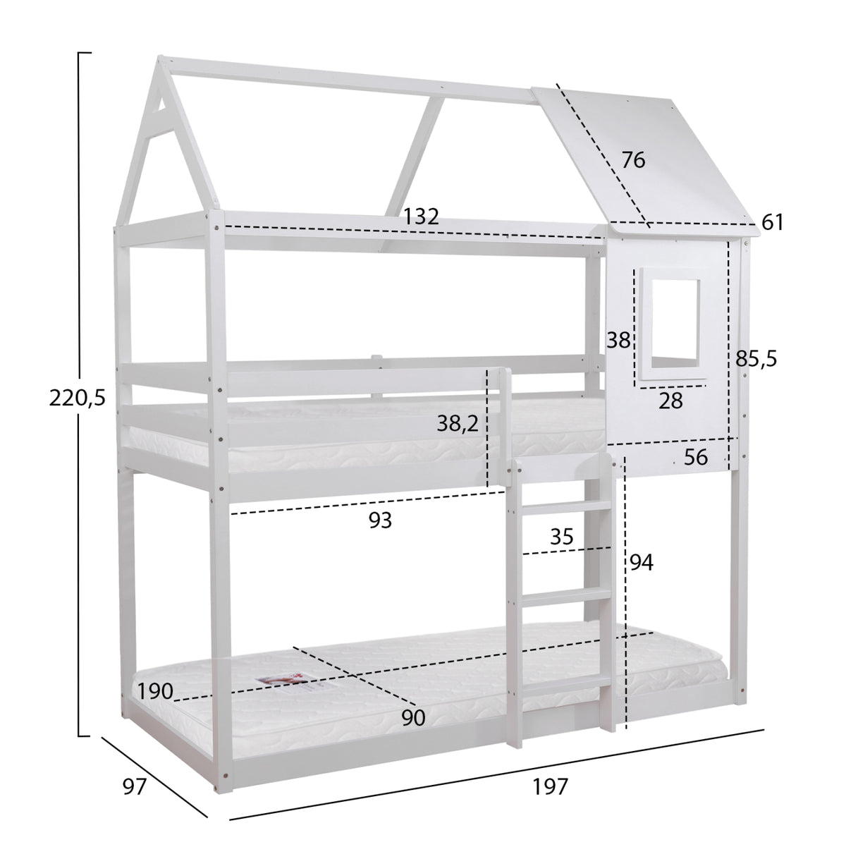 Bunk Bed With 2 Mattresses Hood Hm21314.01 Pine Wood In White--for Mattresses 90x190cm