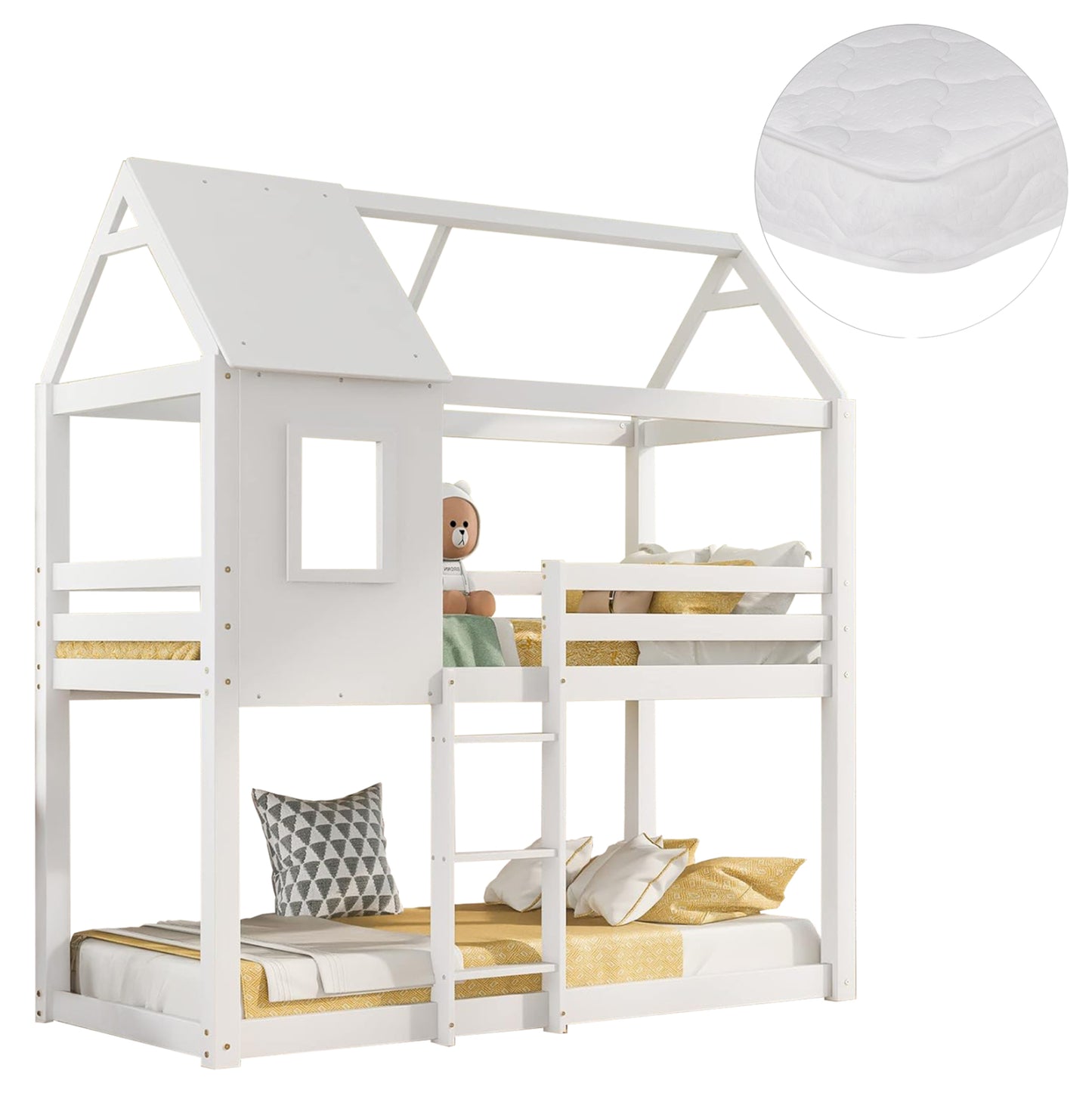 Bunk Bed With 2 Mattresses Hood Hm21314.01 Pine Wood In White--for Mattresses 90x190cm