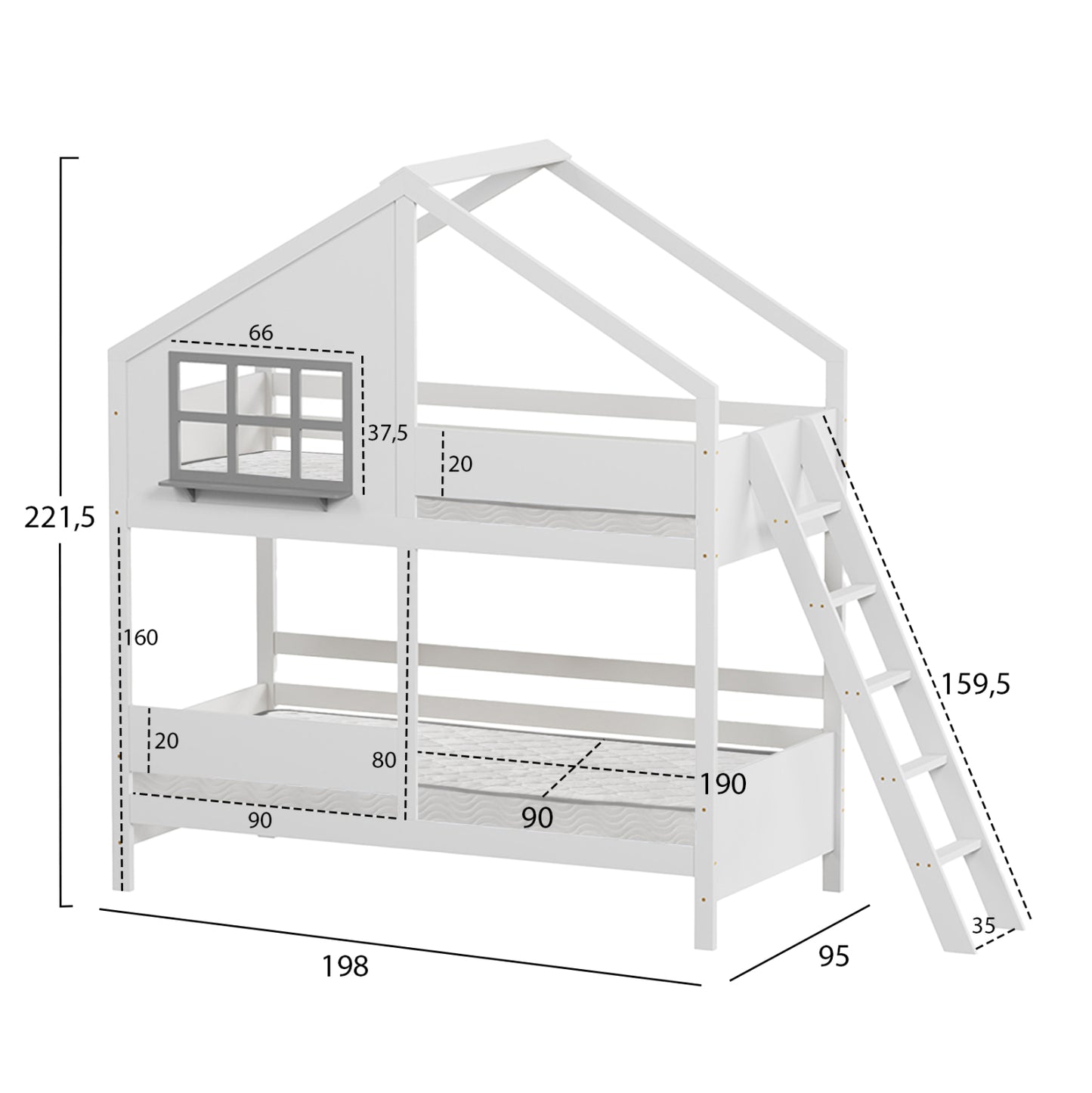 Bunk Bed With 2 Mattresses Combo Hm21316 Pine Wood In White--for Mattresses 90x190cm