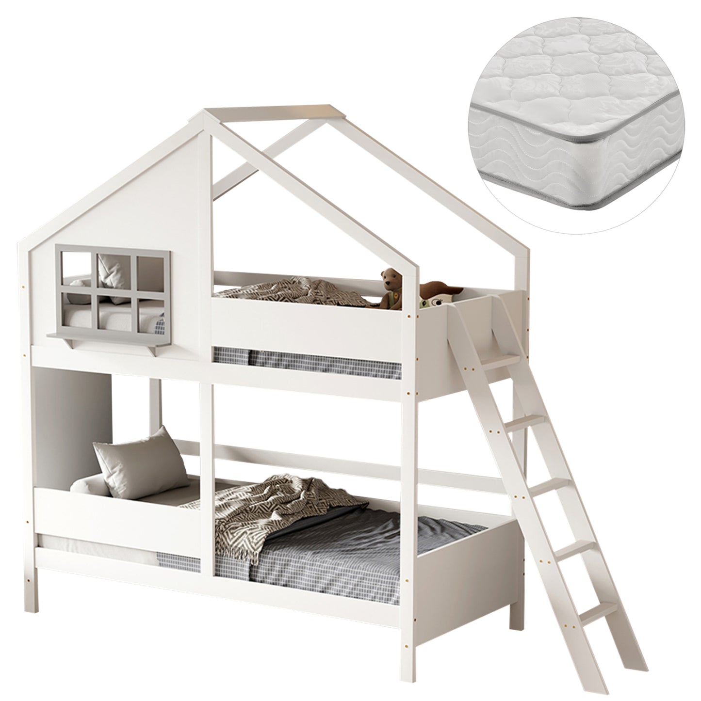 Bunk Bed With 2 Mattresses Combo Hm21316 Pine Wood In White--for Mattresses 90x190cm