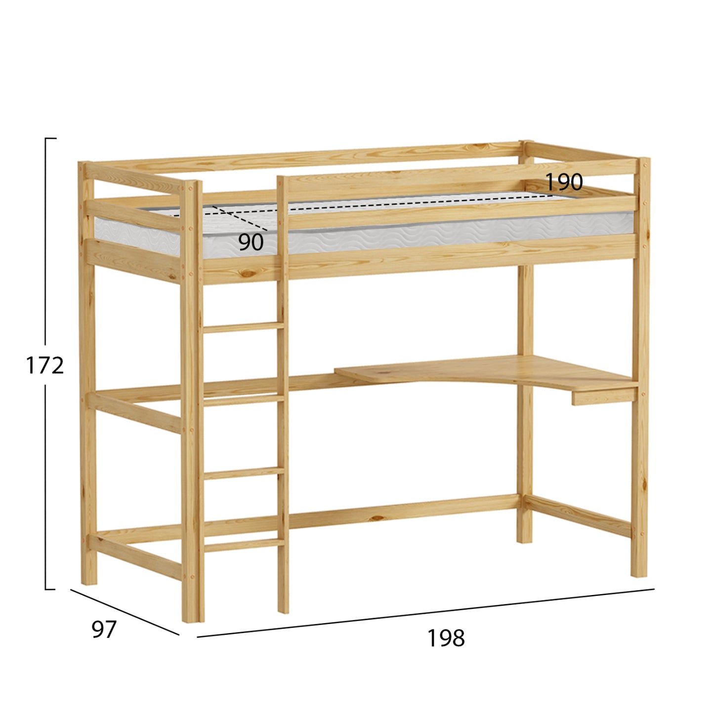 Bunk Bed With Desk Akron Hm21311 Pine Wood In Natural Color--with Mattress 90x190cm