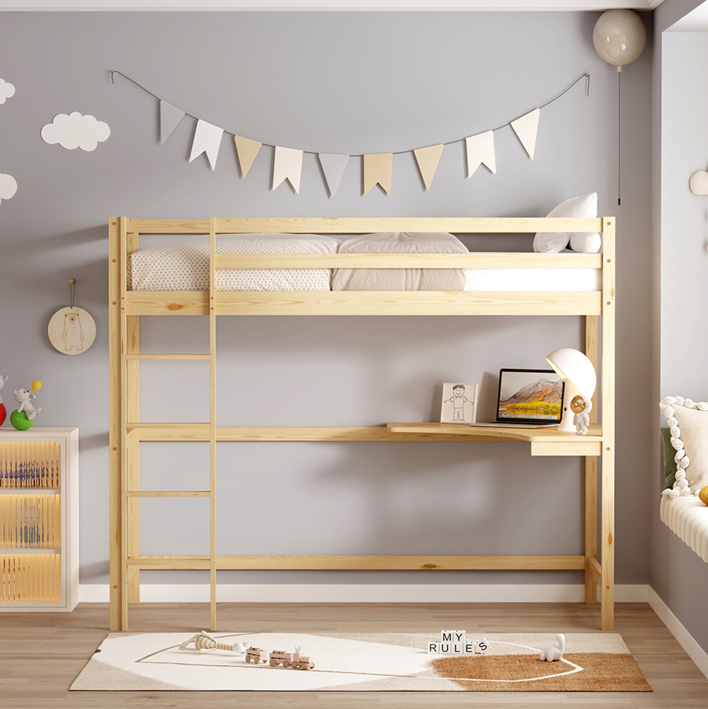 Bunk Bed With Desk Akron Hm21311 Pine Wood In Natural Color--with Mattress 90x190cm