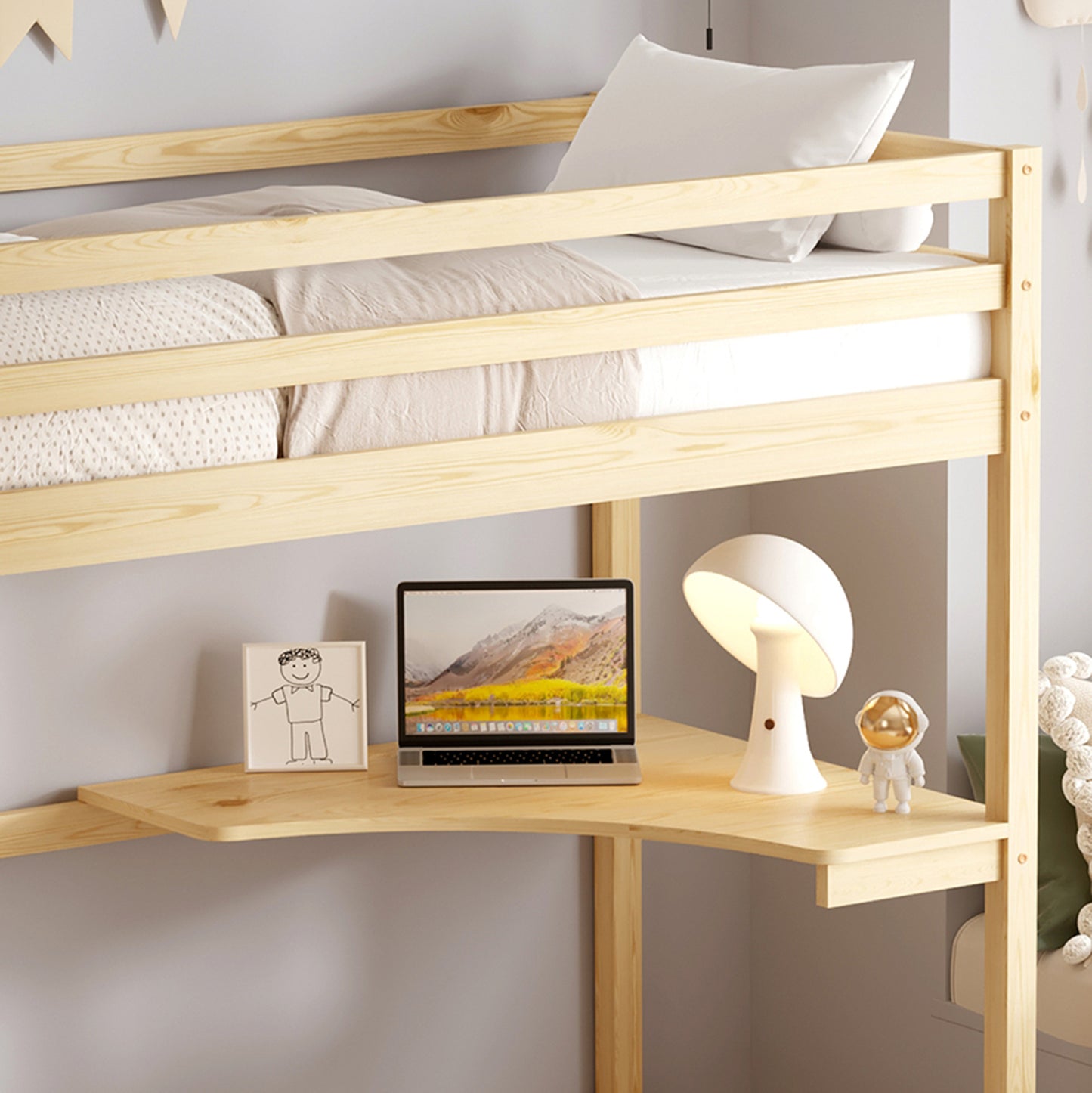 Bunk Bed With Desk Akron Hm21311 Pine Wood In Natural Color--with Mattress 90x190cm