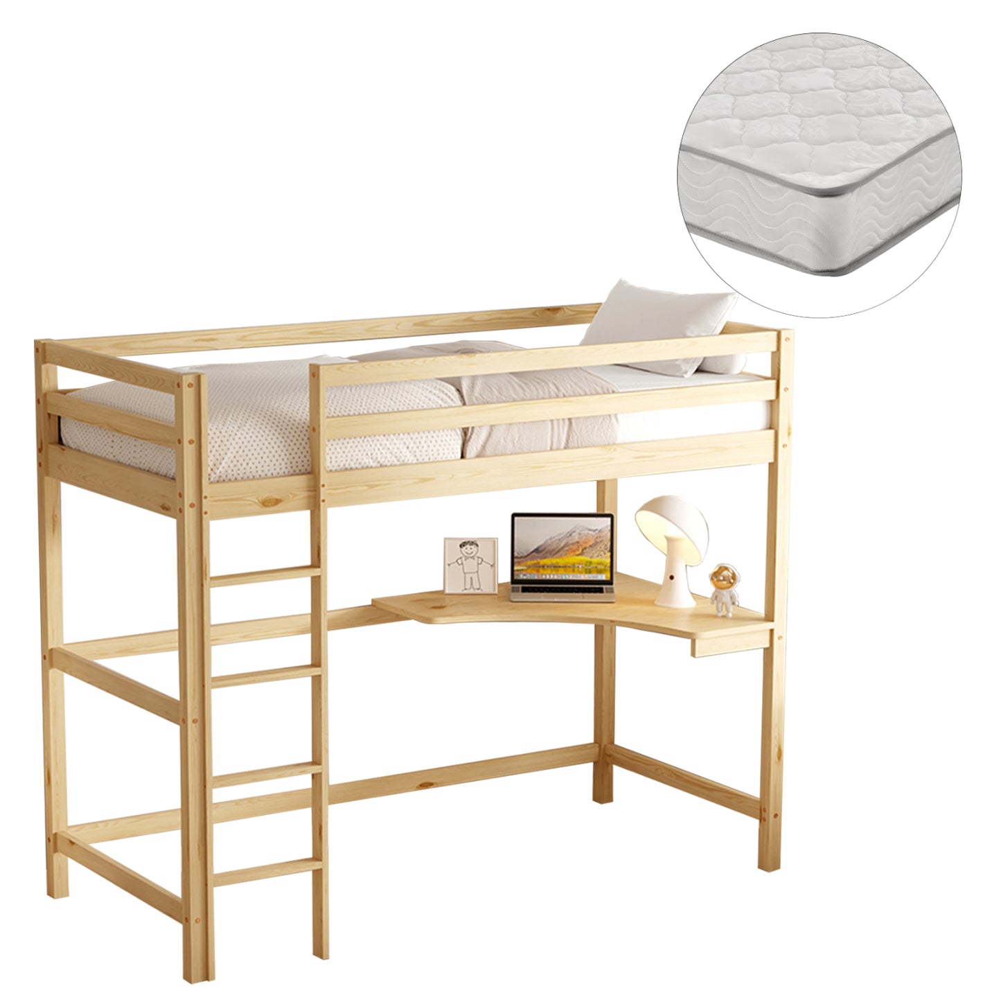 Bunk Bed With Desk Akron Hm21311 Pine Wood In Natural Color--with Mattress 90x190cm