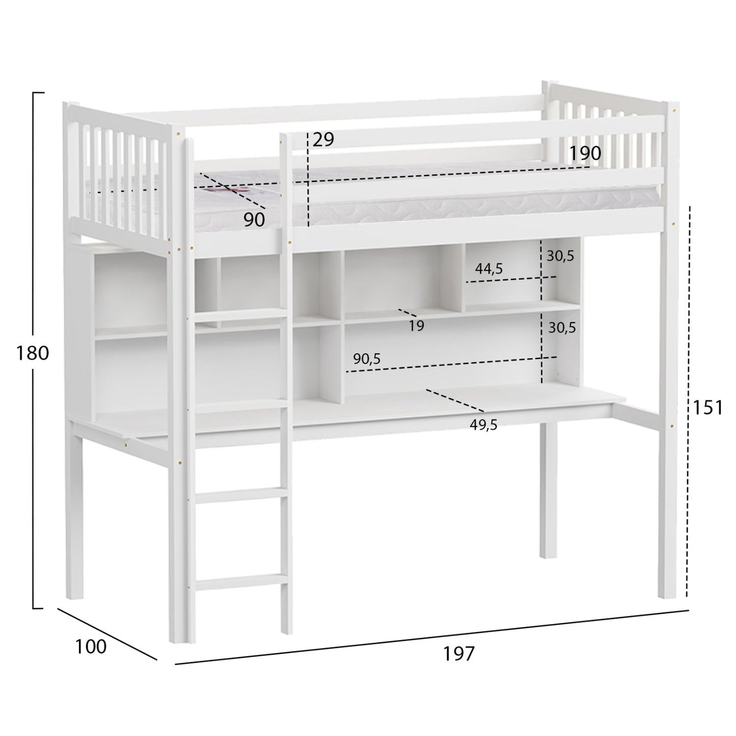 Bunk Bed With Desk Libro Hm21317 Pine Wood In White--with Mattress 90x190cm