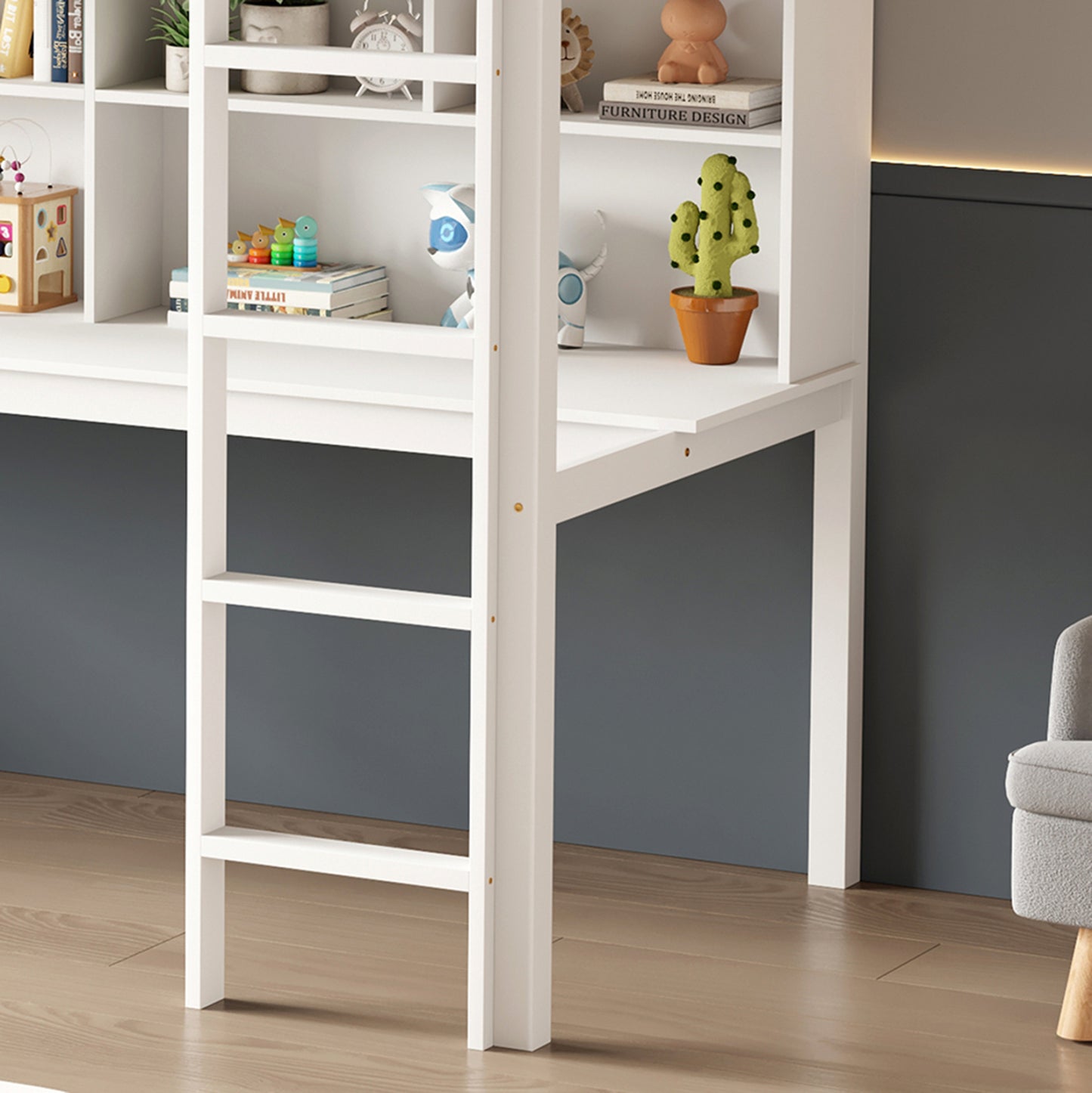 Bunk Bed With Desk Libro Hm21317 Pine Wood In White--with Mattress 90x190cm