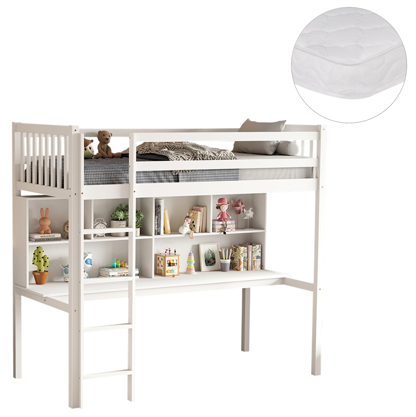 Bunk Bed With Desk Libro Hm21317 Pine Wood In White--with Mattress 90x190cm
