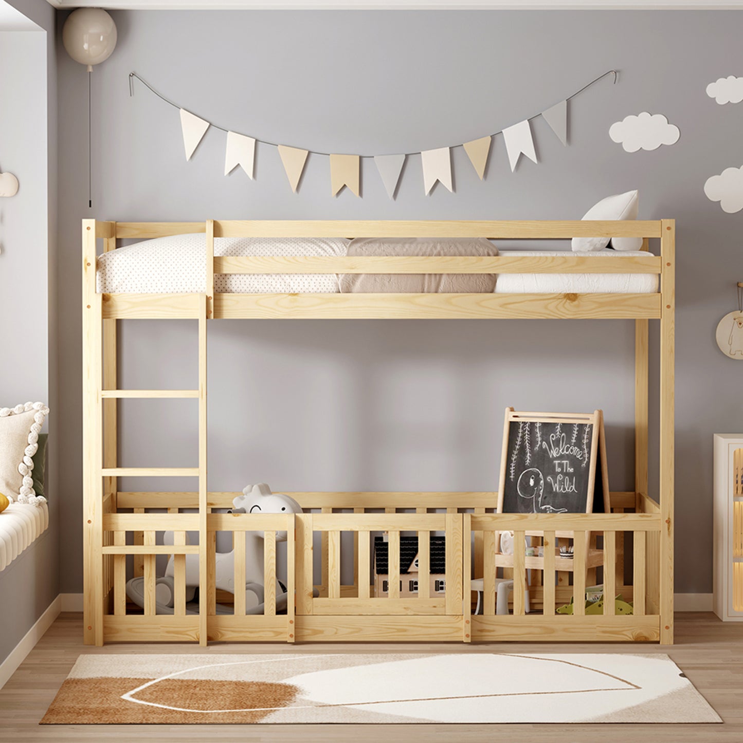 Bunk Bed With Playpark Playkid Hm21312 Pine Wood In Natural Color--with Mattress 90x190cm