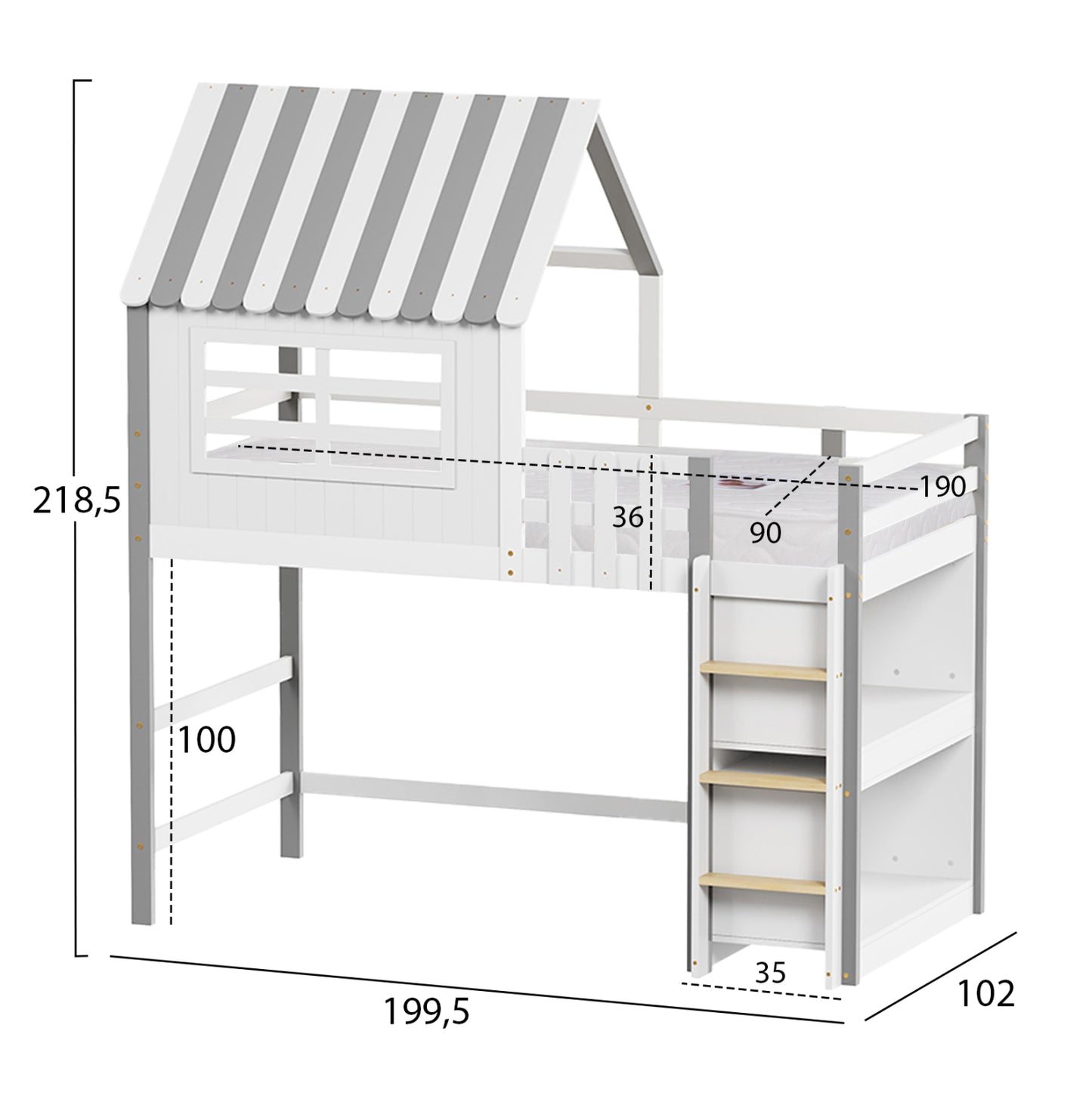 Bunk Bed With Side Shelves Homi Hm21321 Pine Wood In White--for Mattress 90x190cm.