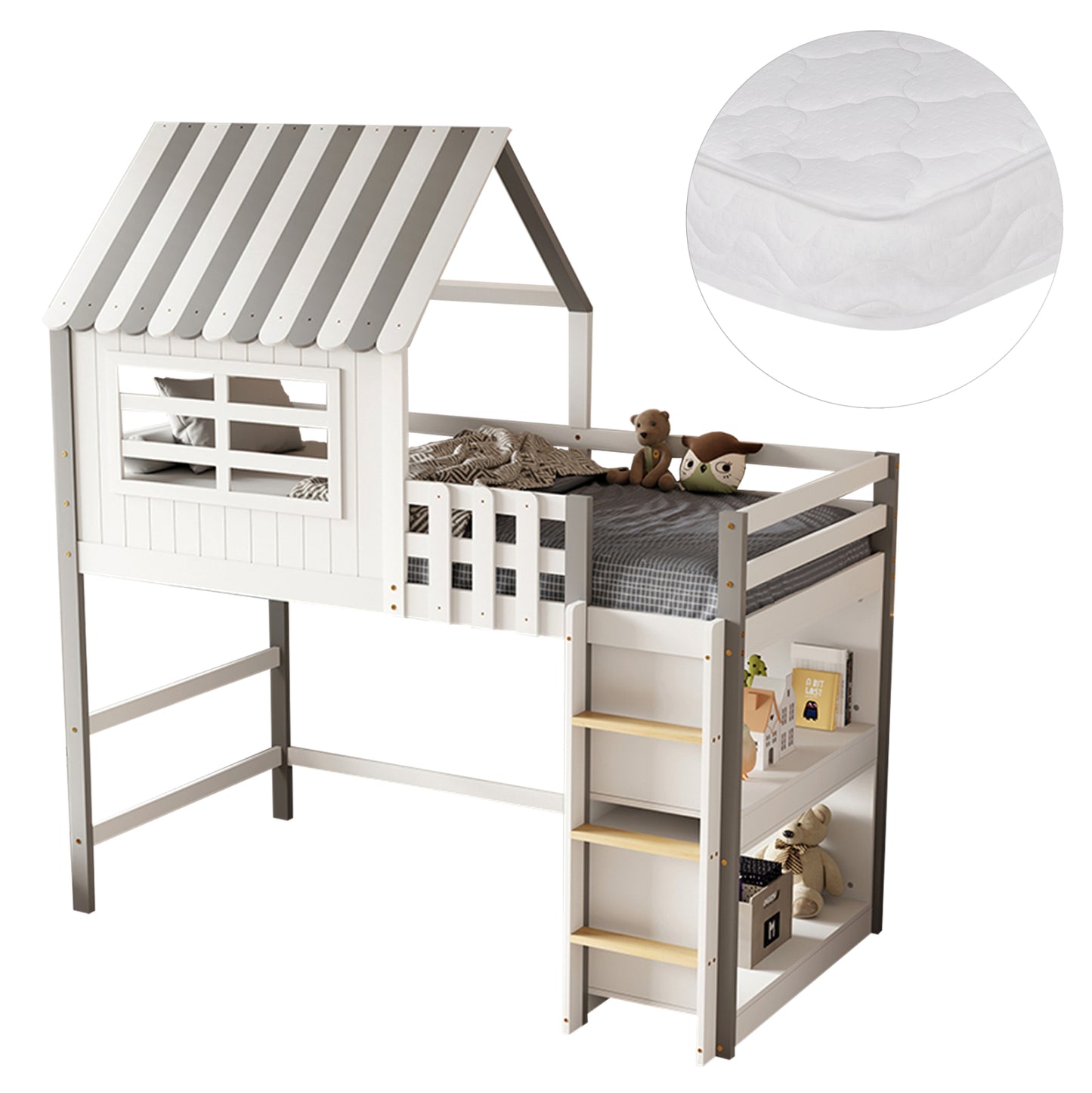 Bunk Bed With Side Shelves Homi Hm21321 Pine Wood In White--for Mattress 90x190cm.