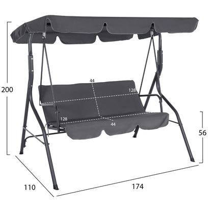 Porch Swinger 3-seater With Sunshield Likid Hm5979.01 Metal Frame And Fabric In Grey 170x110x153hcm.