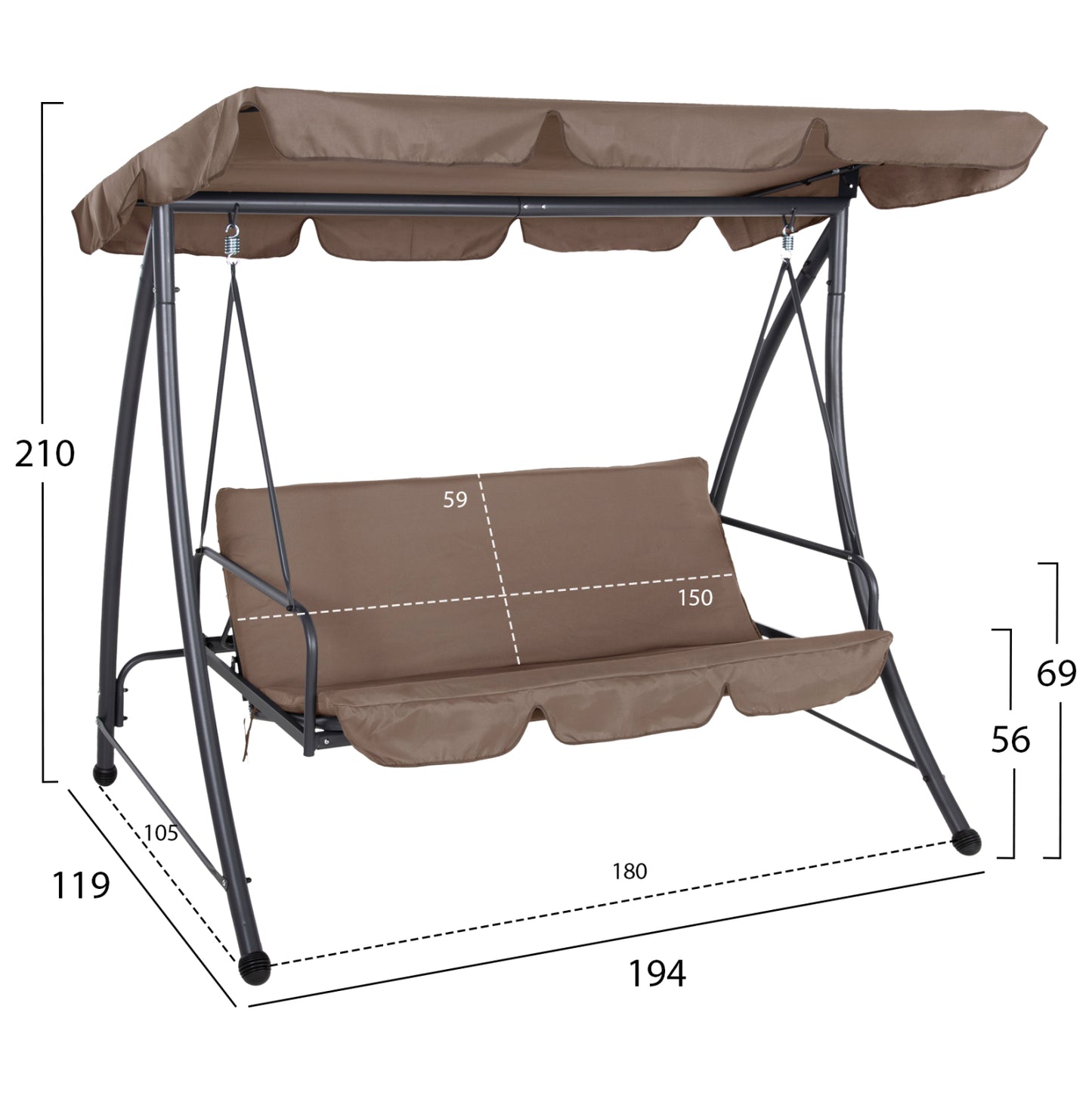 Porch Swinger-bed 3-seater Likid Hm5980.02 Metal Frame In Grey-fabric In Light Brown 194x119x210hcm.