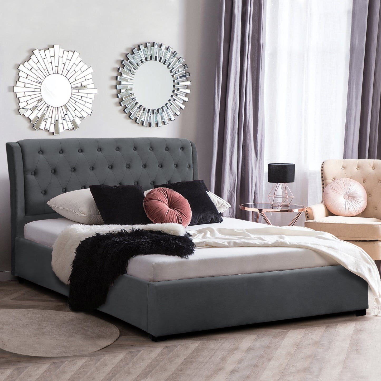 Bed Odalys 150x200 Velvet Fabric Gray Hm549.11 164x223x100 Cm.