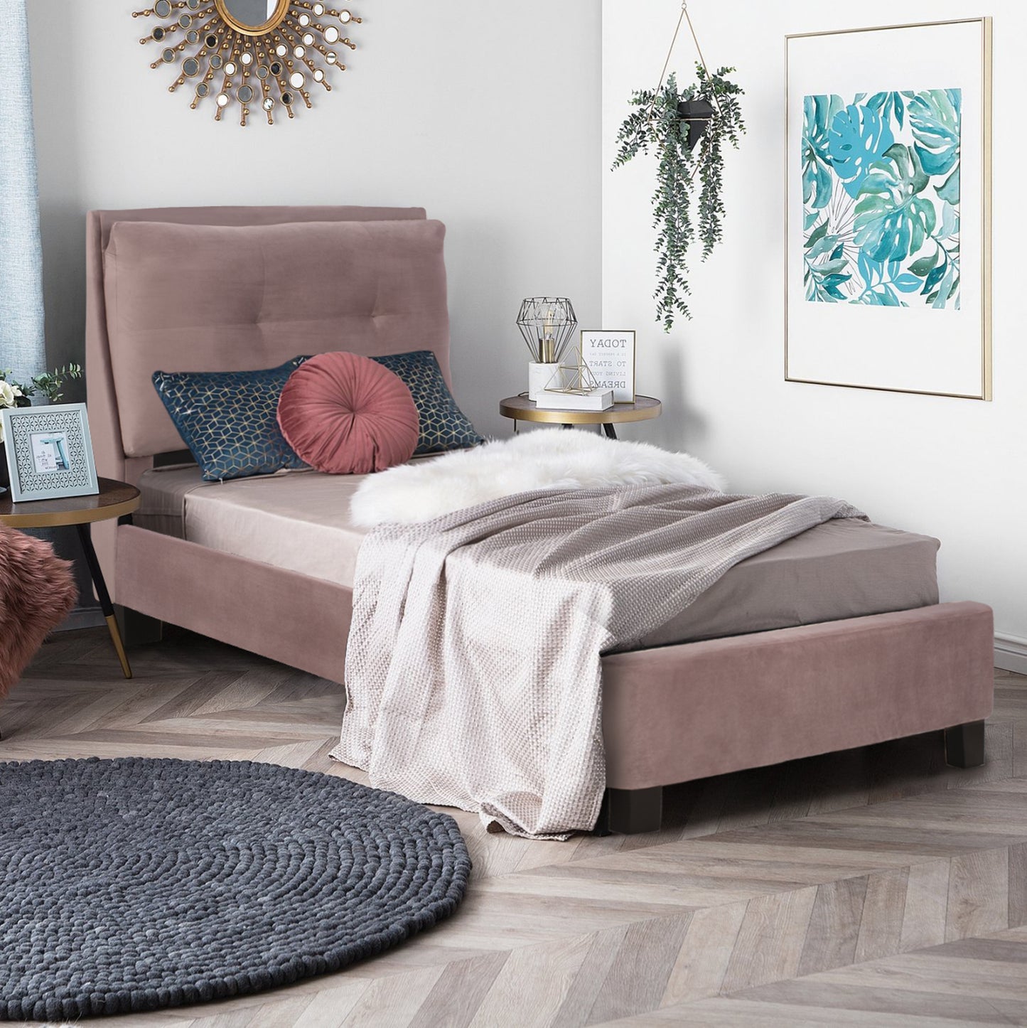 Bed Riley Hm561.02 90x200cm, Velvet Fabric Dusty Pink Color