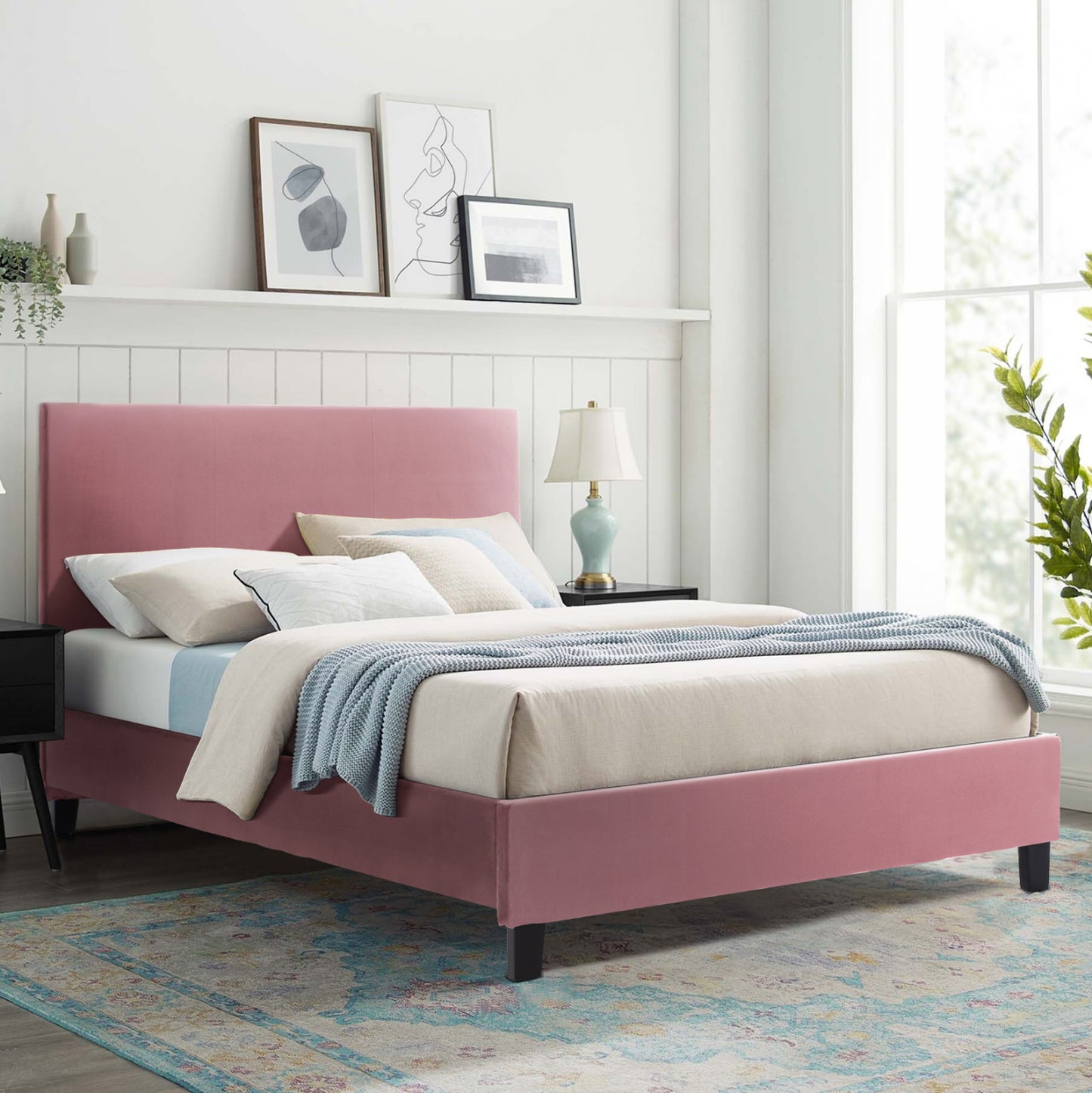 Dusty Pink Velvet Bed Hm553.12 For Mattress 150x200 Cm.
