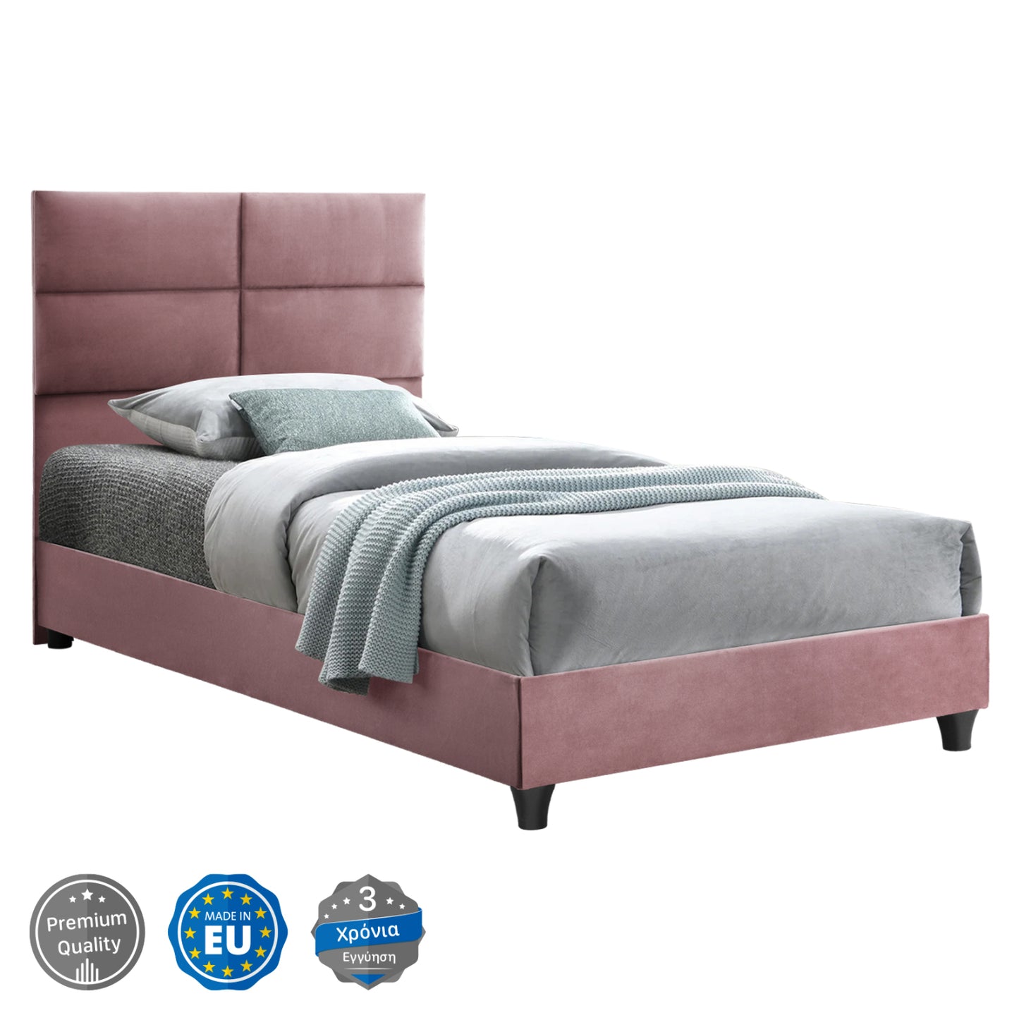 Hm652.12 Bed Milo, Dusty Pink Velvet, 90x200cm