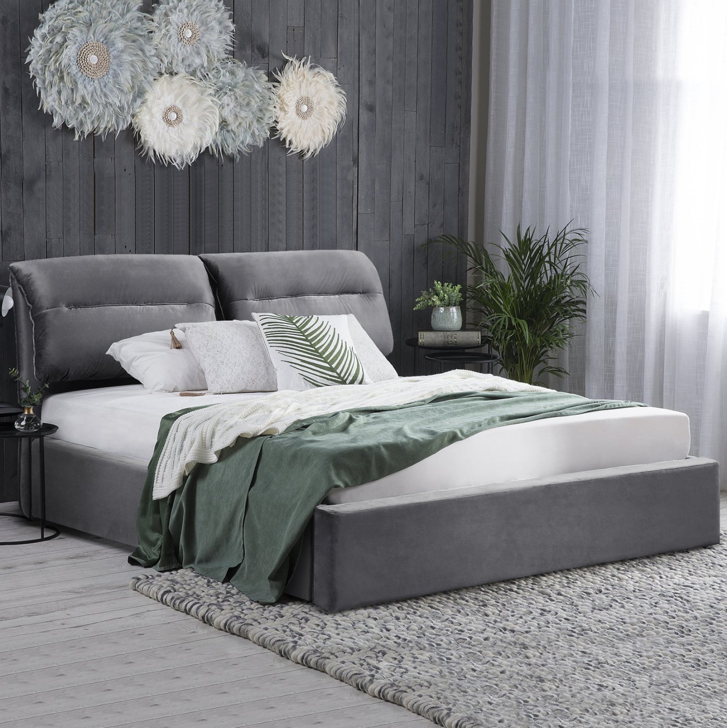 Hm565.01 Bed, Kendra, Velvet Grey, Storage Space 160x200cm