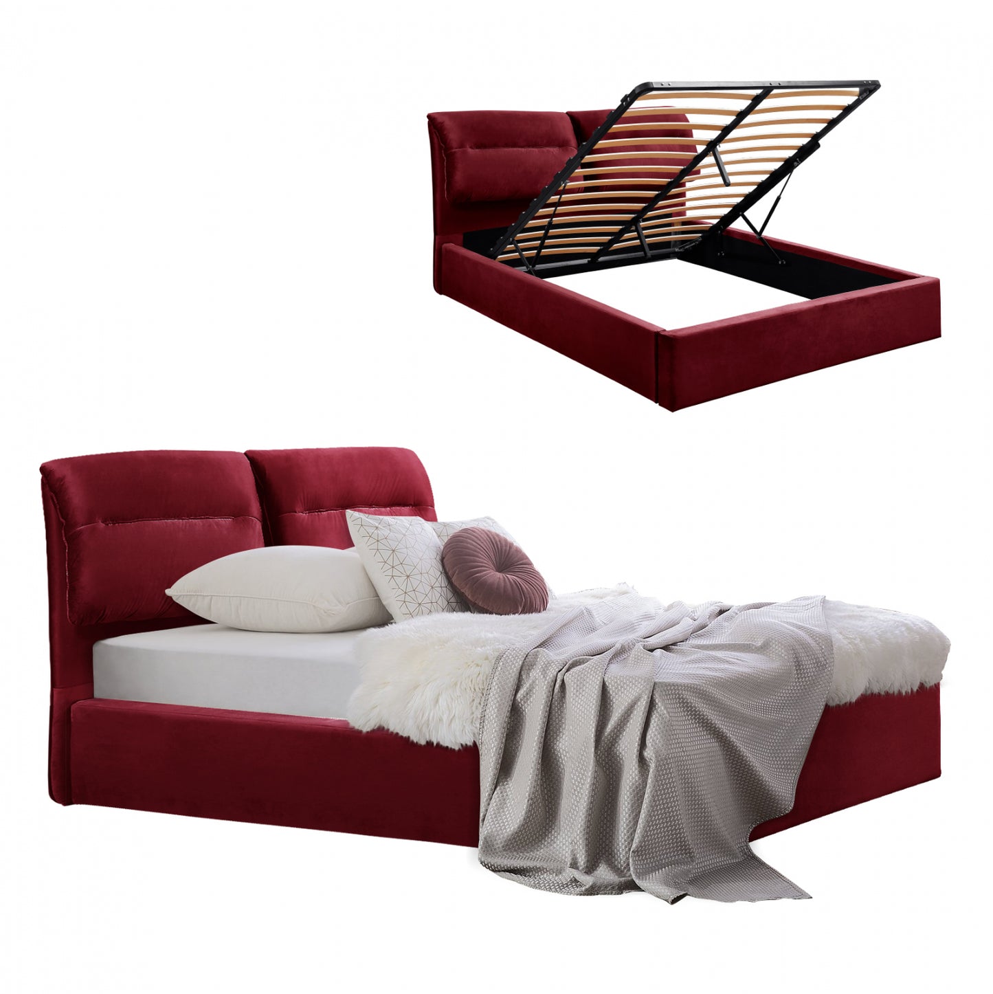 Hm565.06 Bed Kendra, Velvet Red Burgundy, Storage Space, 160x200