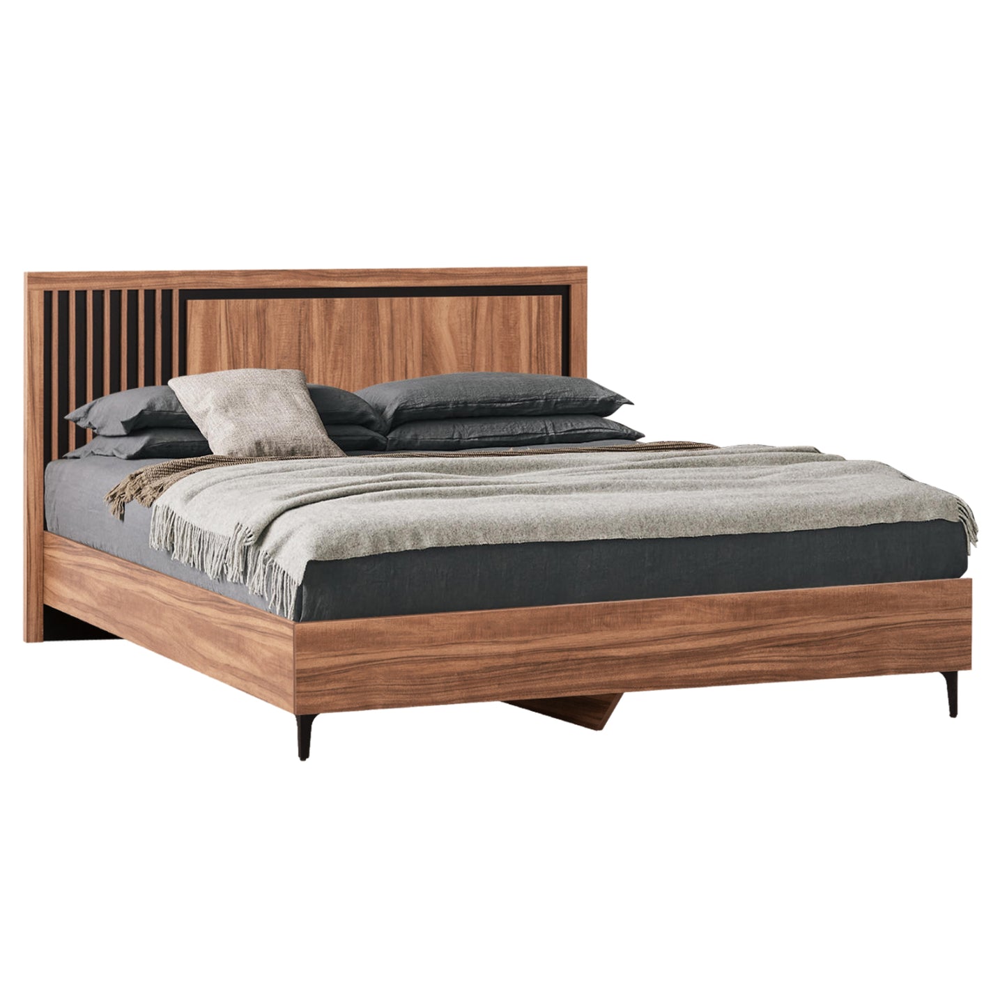 Bed Double Series Harry Hm688.01 Melamine In Natural Wood Color And Black 164x204x100hcm.